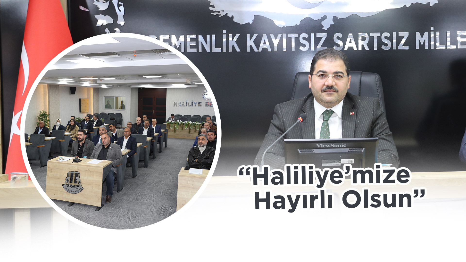 Bir 6 kişi, ayakta duran insanlar ve şunu diyen bir yazı 'EMENLİK KAYITSIZ SARTSIZ MİLLE HALİLİYE BE ViewSonic "Haliliye'mize "Haliliy Hayırlı Olsun"' görseli olabilir