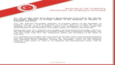 Press Release Regarding the Visit of H.E. Mr. Mevlüt Çavuşoğlu, Minister of Foreign Affairs of the Republic of Türkiye to Palestine and Israel