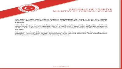 Press Release Regarding the Visit of H.E. Mr. Bujar Osmani, Minister of Foreign Affairs of the Republic of North Macedonia to Türkiye