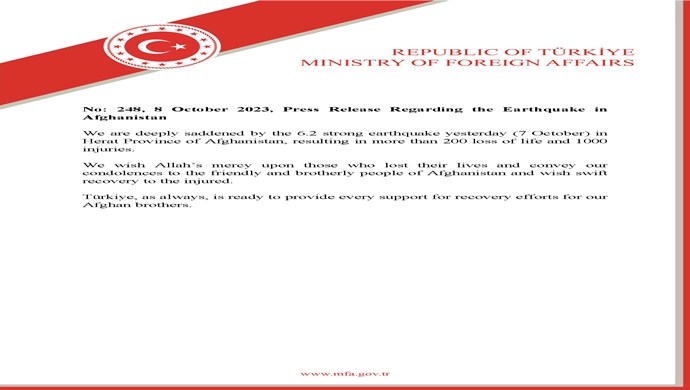 Press Release Regarding the Earthquake in Afghanistan